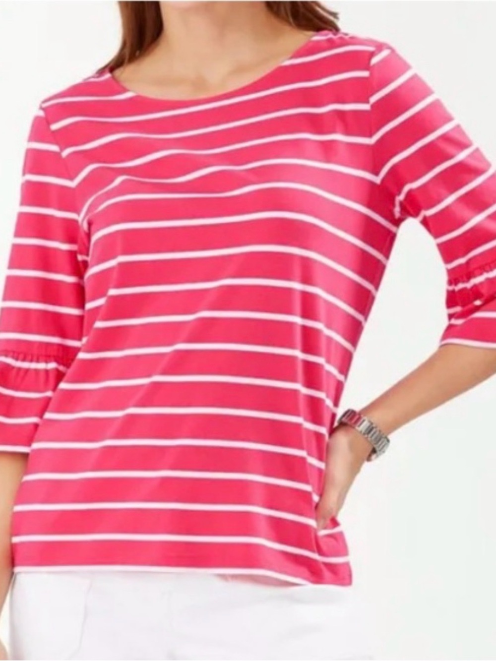 Tommy Bahama Pink and White Striped  Knit Three Quarter Ruffled Sleeve